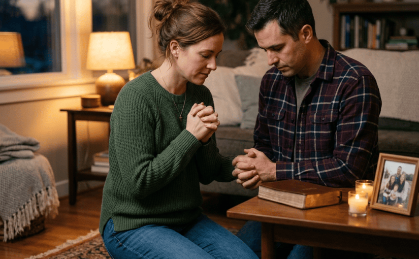 Couple kneeling together in prayer beside a candlelit table